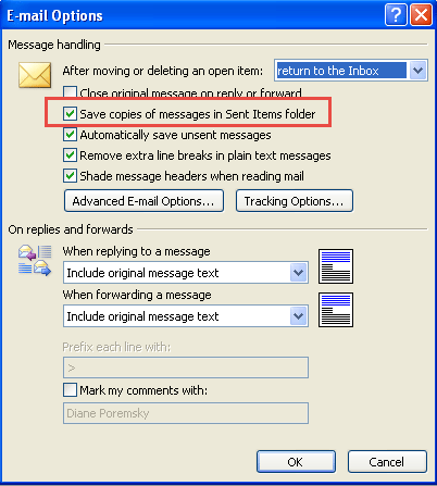 Save sent items options