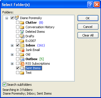 Create a search folder that includes the inbox and sent folder