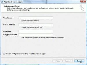Click Cancel to create a profile without an email account