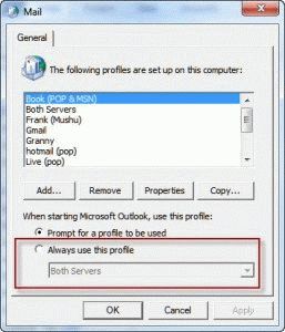 Prompt for Outlook profile dialog