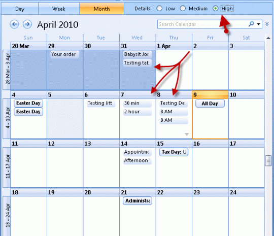 Outlook calendar details