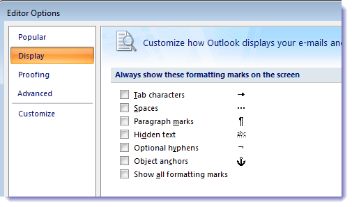 comment choisir de supprimer les marques de paragraphe dans Outlook 2003