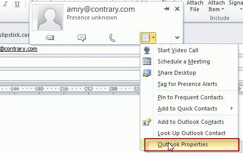Contact card and properties dialog
