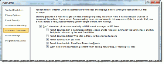 Outlook's Automatic Download Settings dialog