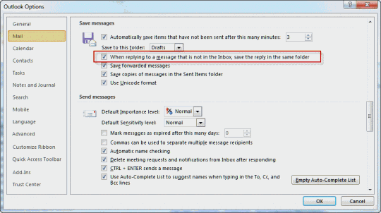 Enable the option to save replies with the original when not in the Inbox