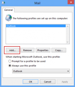 Click Add to create a new Outlook profile