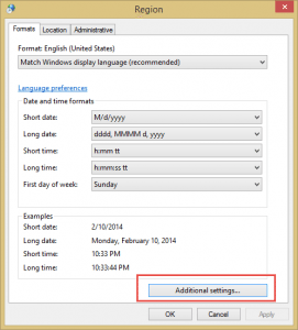 region applet in control panel