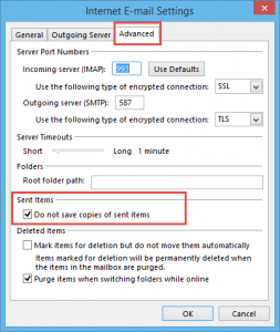 don't save imap sent items in Outlook 2013
