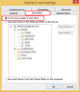 Sent items settings in Outlook 2010