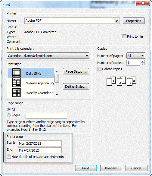 Type shortcodes in the Print Range field