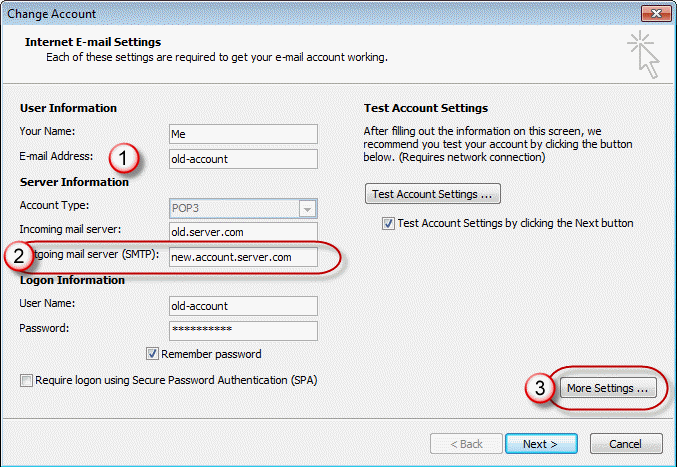 Change configuration of the email account settings