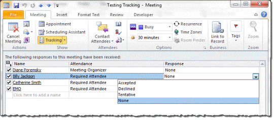 Enter meeting responses manually on the tracking tab