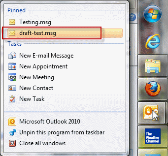 pin an message to the Outlook icon