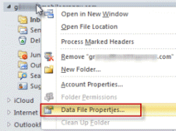 Right click on a pst file to access Data File Properties dialog