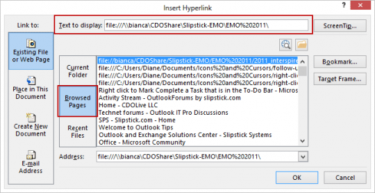 Use the insert hyperlink dialog to insert hyperlinks to files