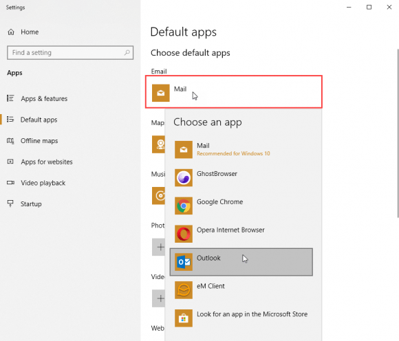 change the Windows 10 default mail client