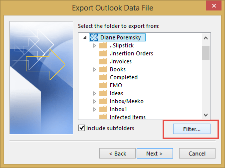 Select the top level of the data file you want to export