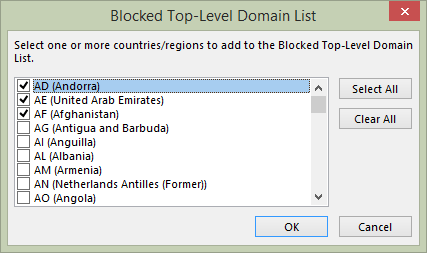 Block international domains in Outlook