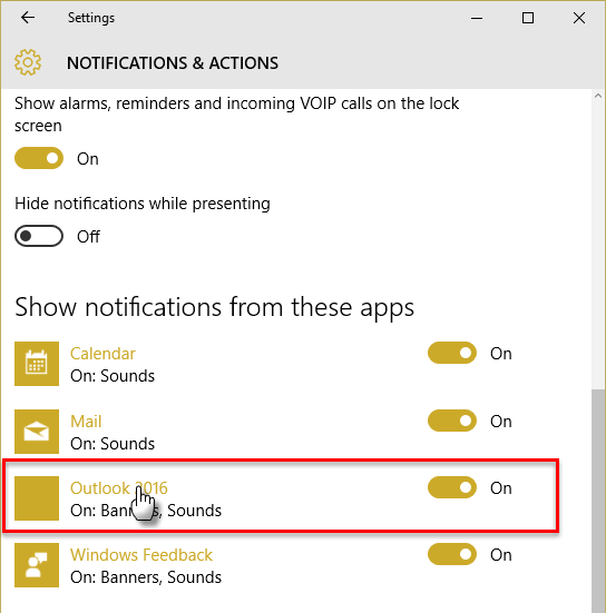 click on Outlook to check notification settings