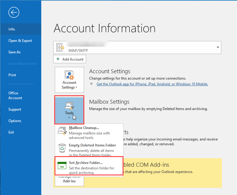 outlook 2016 archive not working for imap