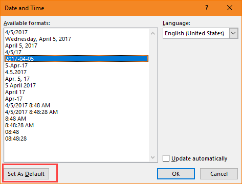 date and time command dialog