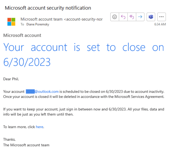 Microsoft account is marked for closure