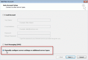 auto-manually-configure Choose Manually configure server setting in the Auto Account Dialog