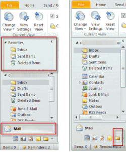 Mail pane and Folder list pane in Outlook 2010