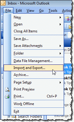 Use the File, Import Export menu to export Outlook items