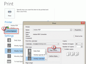 Print options, page setup button in Outlook