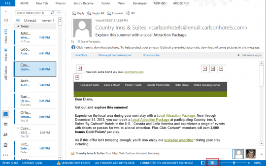 reading view in Outlook 2013