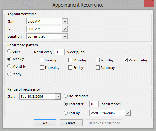 Recurrence patterns in Outlook