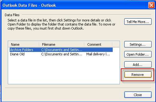 Remove an pst from the profile in Outlook 2003 and older