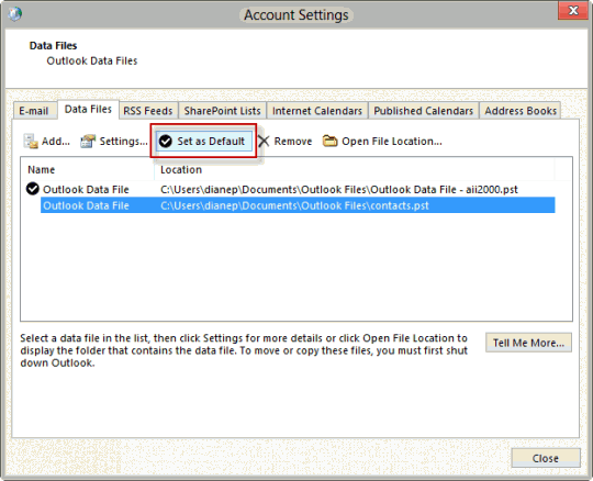 Set the selected pst as the default, in Outlook 2007 and up