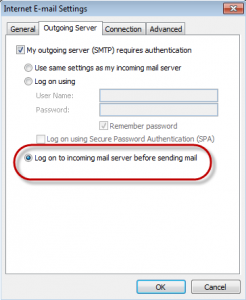 Outgoing server tab in Outlook